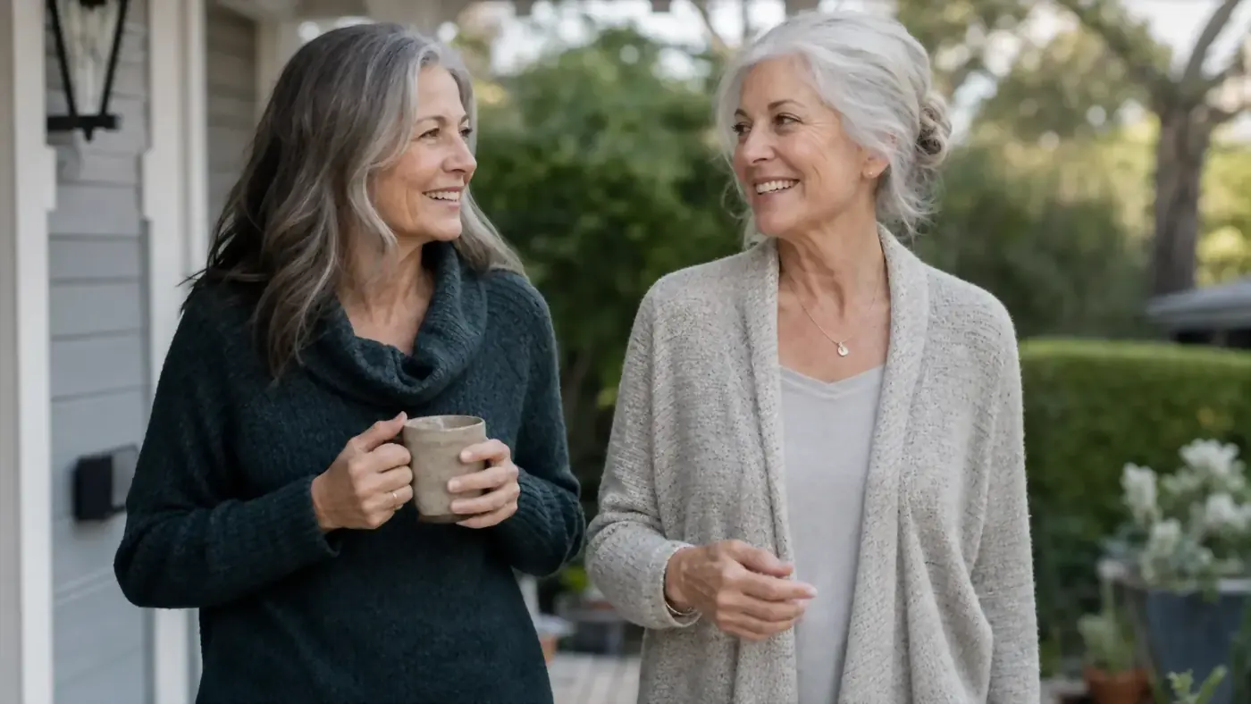 Two women in their fifties or sixties walking together outdoors in the morning light