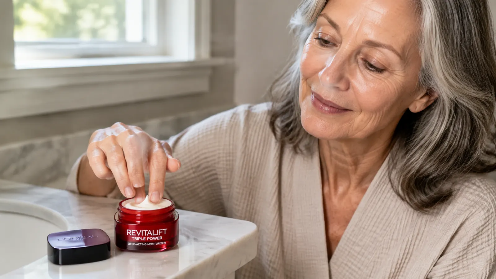 A hand dispensing L'Oreal Paris Revitalift Triple Power moisturizer from the jar onto a fingertip