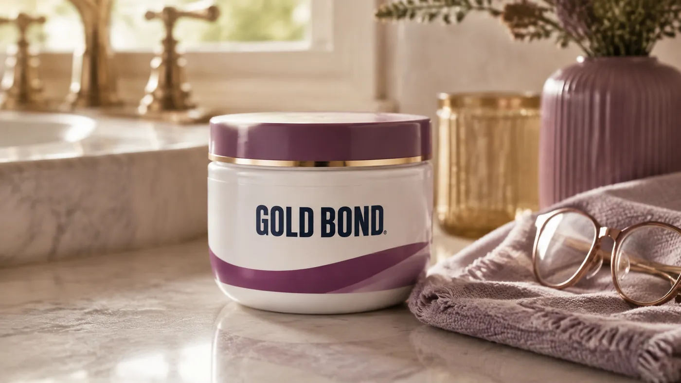 Hand holding the Gold Bond Age Renew Neck and Chest Firming Cream tube next to a hand applying it below the collarbone