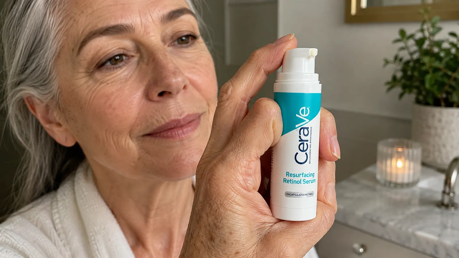 A hand with visibly mature skin holding the CeraVe Resurfacing Retinol Serum bottle with the pump depressed
