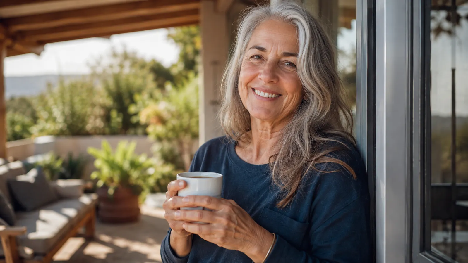 Woman in her sixties smiling on a sunlit patio during her morning routine