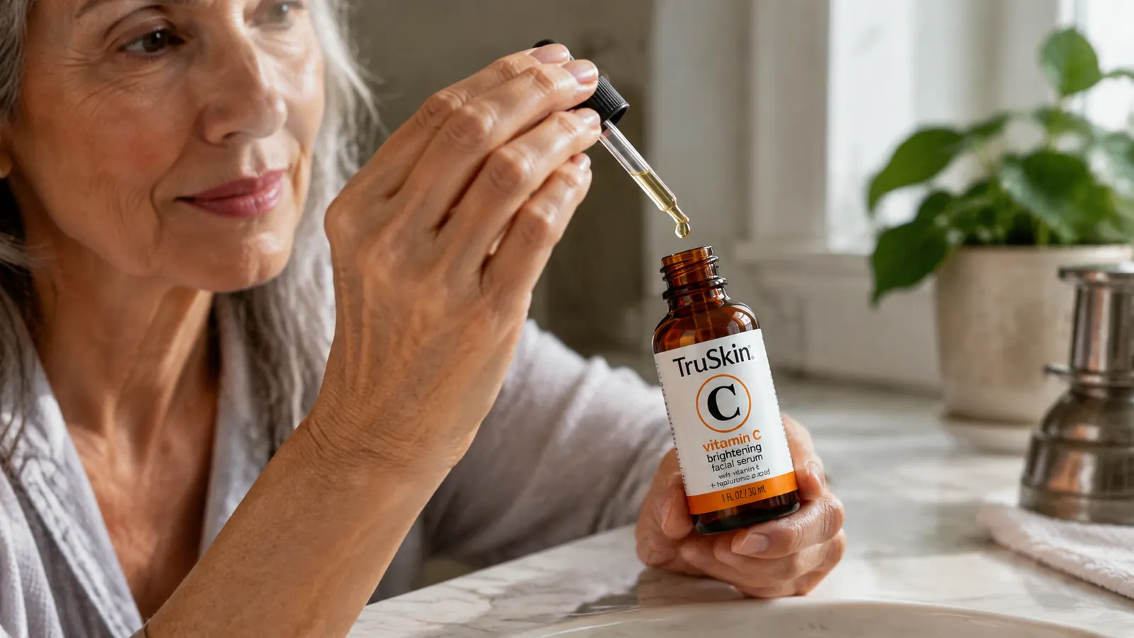 Close-up of a hand with visible age spots holding the TruSkin Brightening Vitamin C Serum bottle and dropper over a bathroom counter