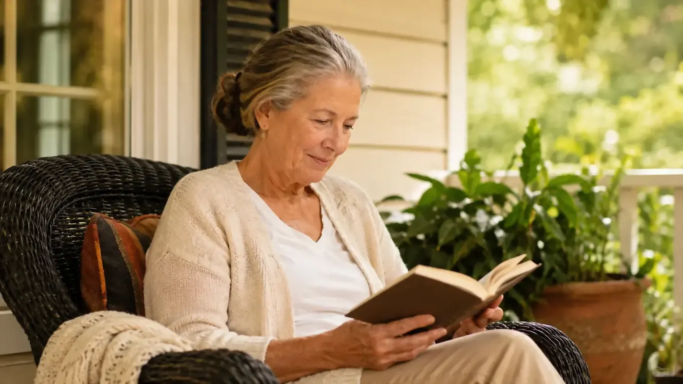 Woman in her sixties on a covered porch reading a book in daylight with visibly even, calm skin tone