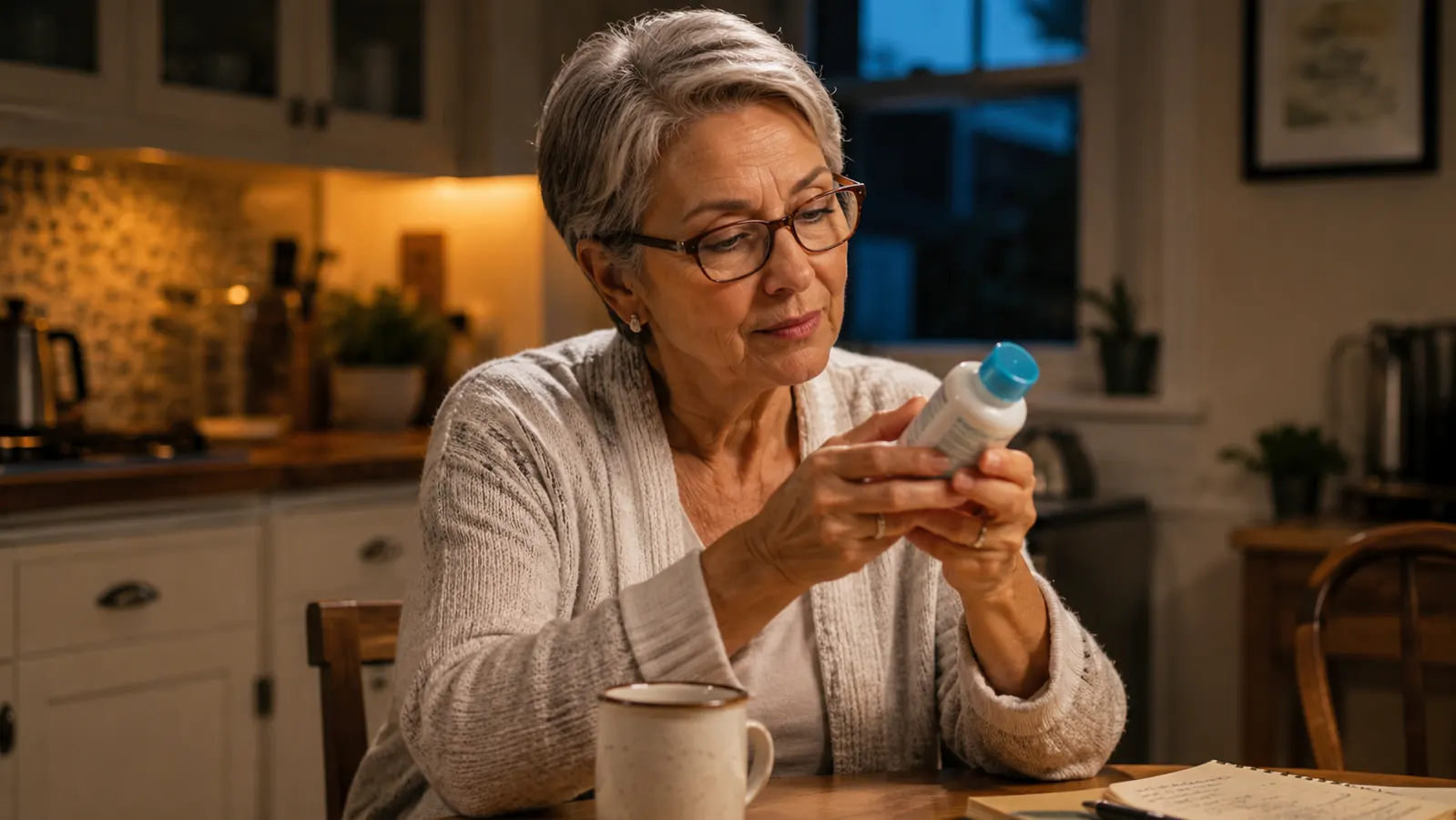 A woman in her sixties sitting at a kitchen table in the evening, reading a small print label on a skincare bottle with reading glasses on