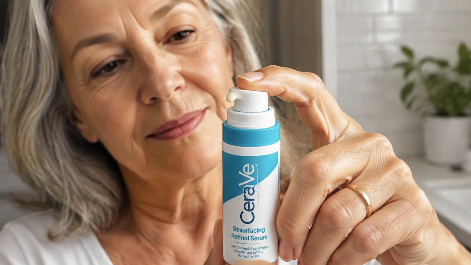 Close-up of a hand pressing the pump of the CeraVe Resurfacing Retinol Serum bottle