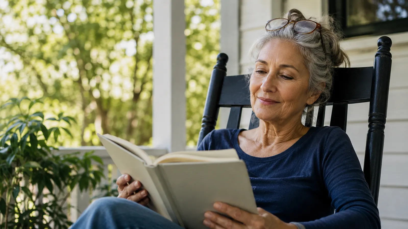 Woman in her sixties reading outdoors on a porch with her glasses pushed up on her head