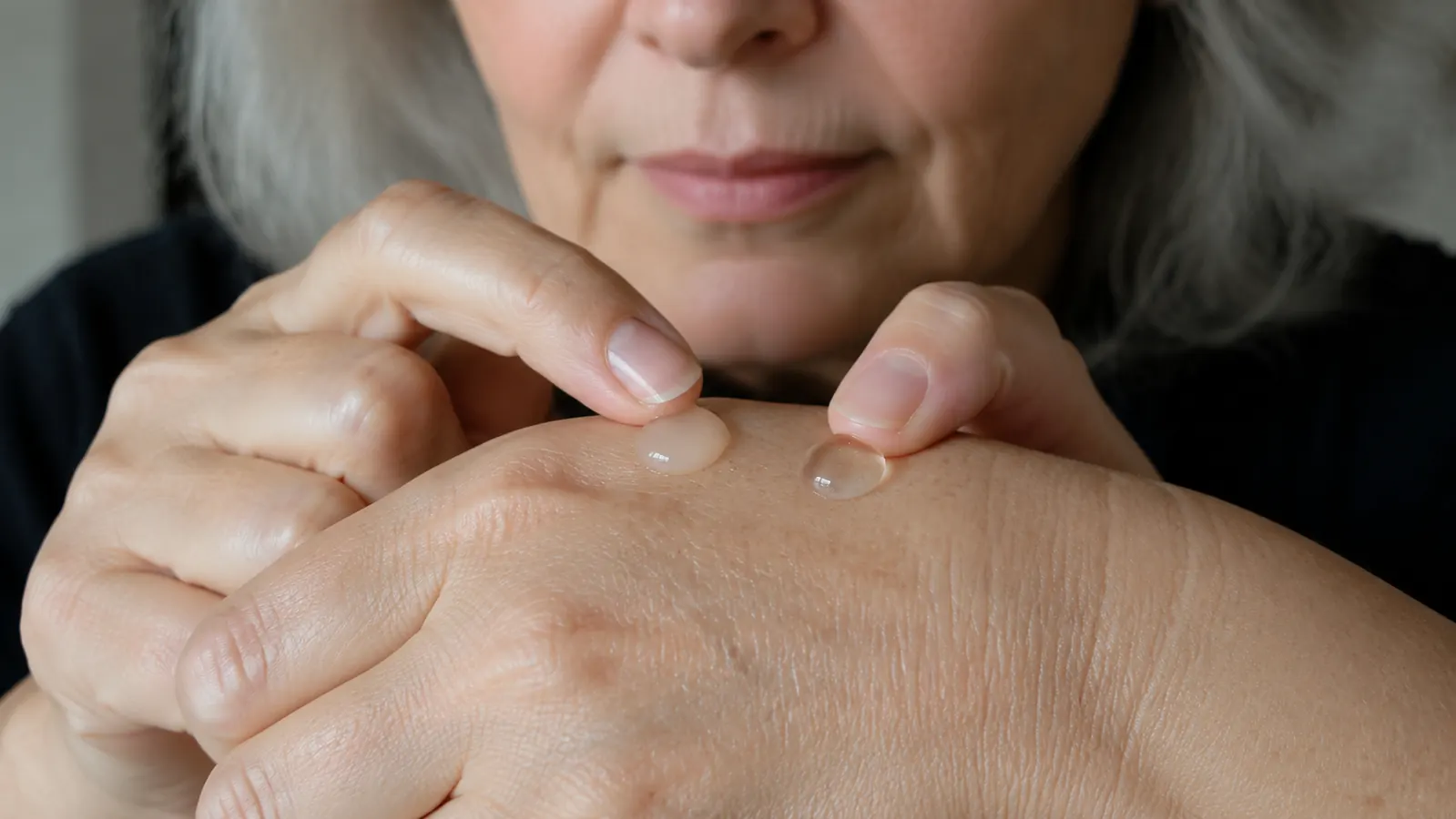 Close-up of two fingertips side by side, one with a light gel-like droplet and one with a thinner, more watery droplet, resting on the back of a hand