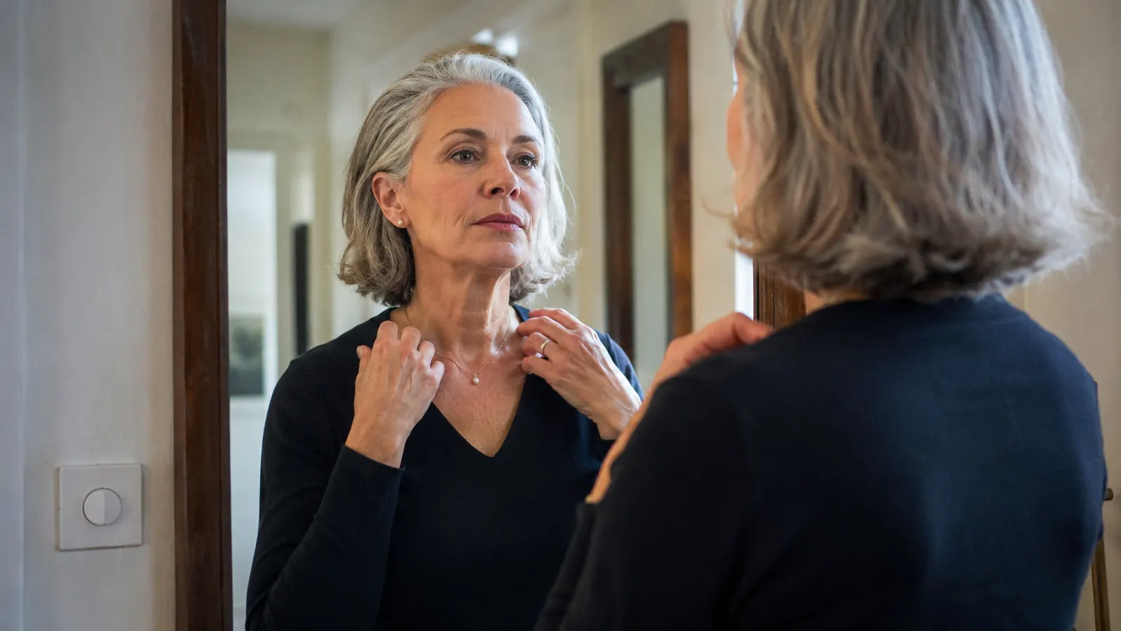 A woman in her sixties wearing a v-neck shirt and smiling slightly as she looks in a hallway mirror