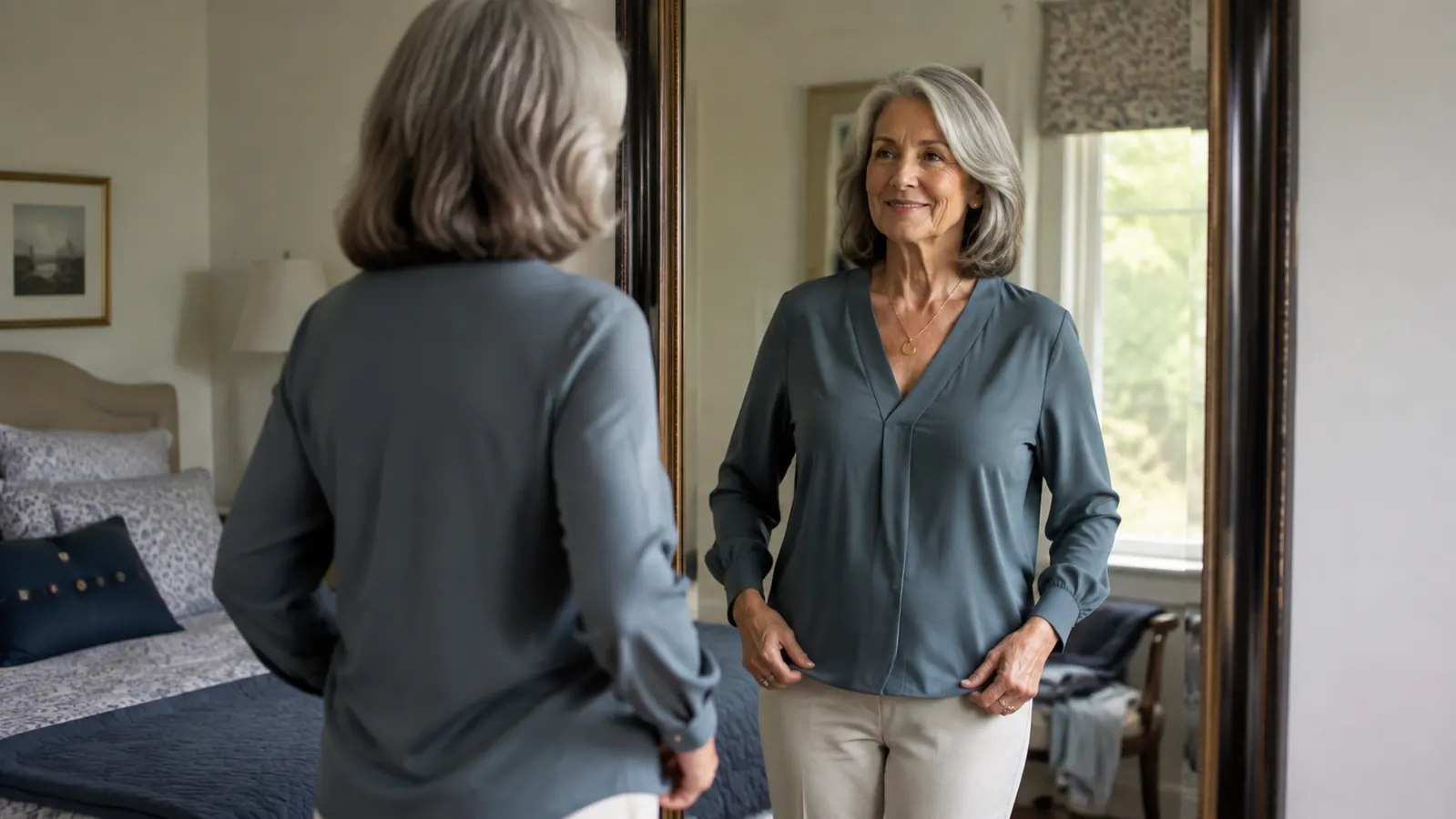 A woman in her sixties trying on a v-neck blouse in a bedroom mirror, smiling slightly with visible confidence