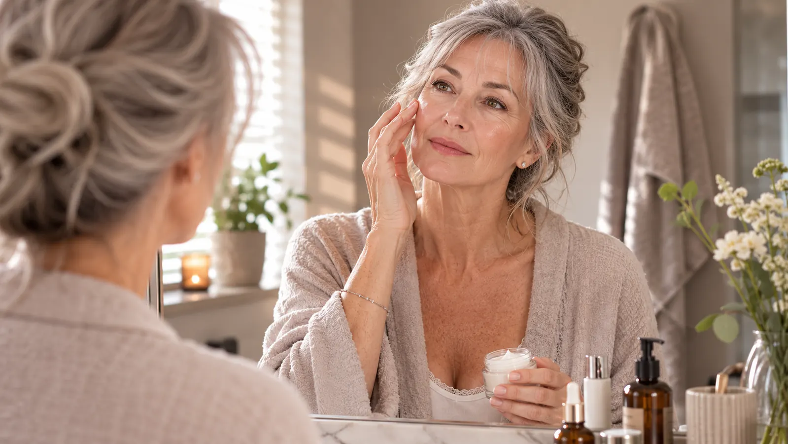 A sunlit bathroom counter in the morning with a few well-used skincare bottles beside a folded hand towel and a pair of reading glasses
