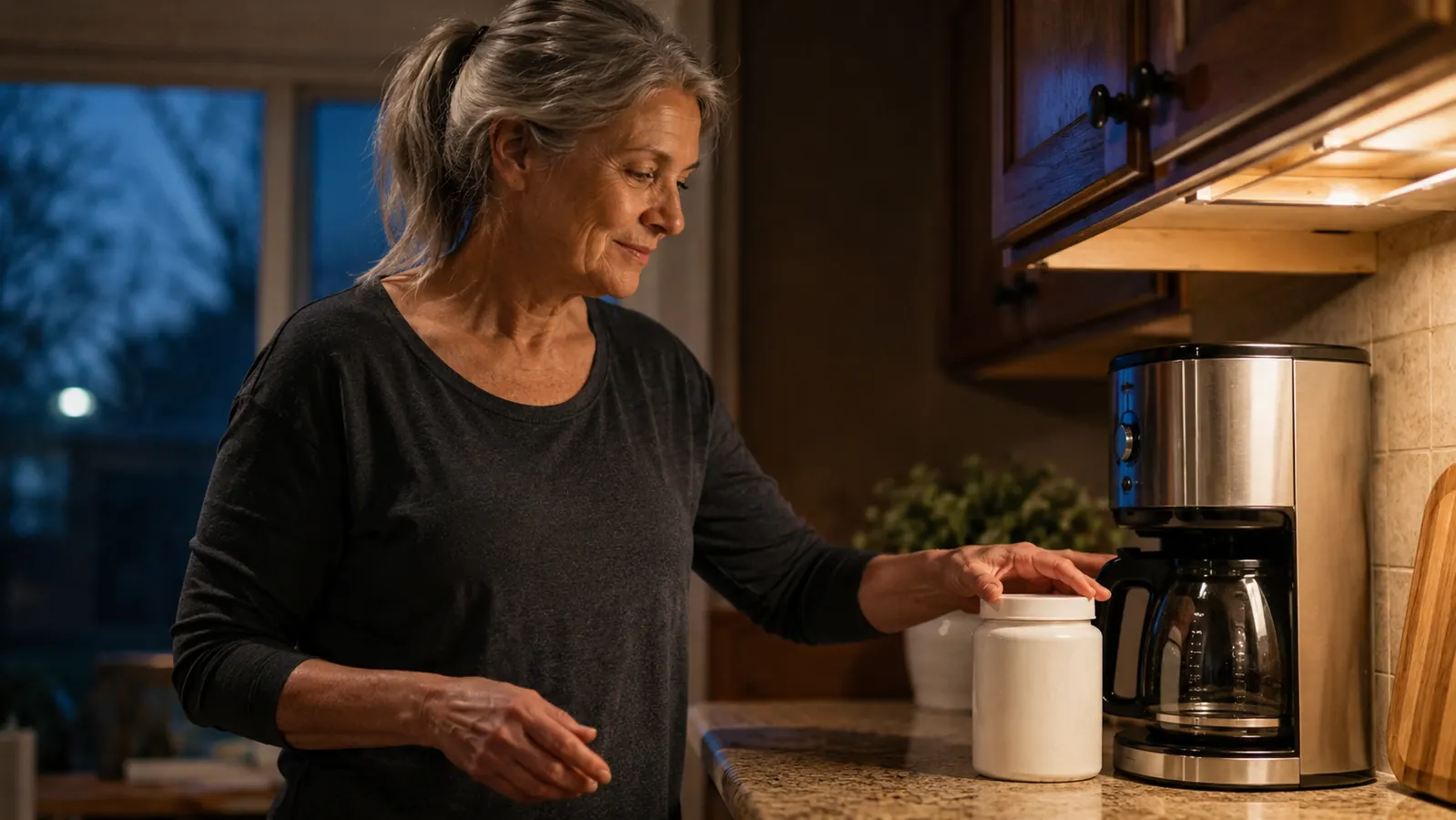 A woman in her sixties setting a jar of collagen peptides next to her coffee maker on the kitchen counter the night before