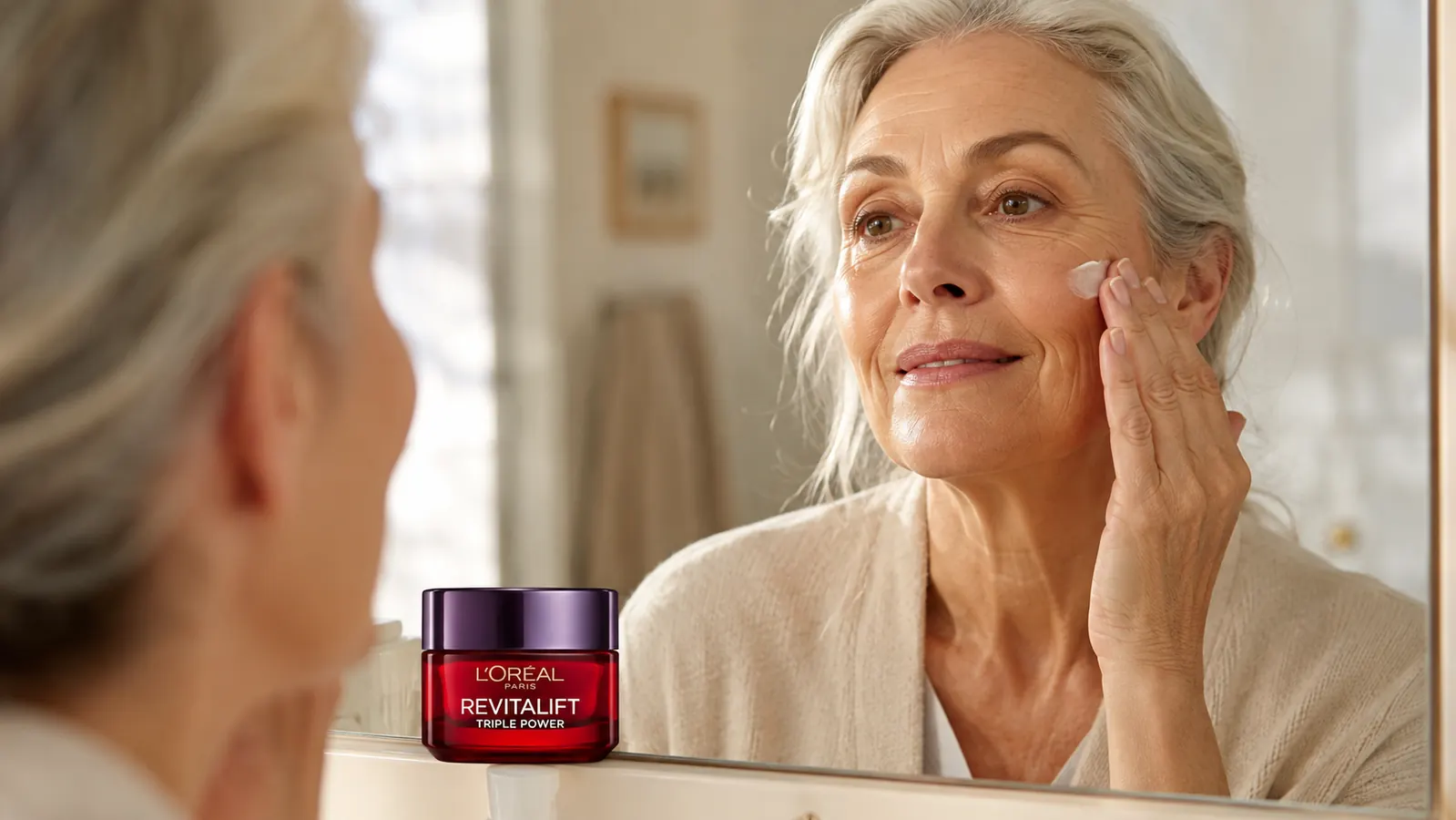 A hand with visible age spots applying L'Oreal Paris Revitalift Triple Power moisturizer from an open jar onto a cheek
