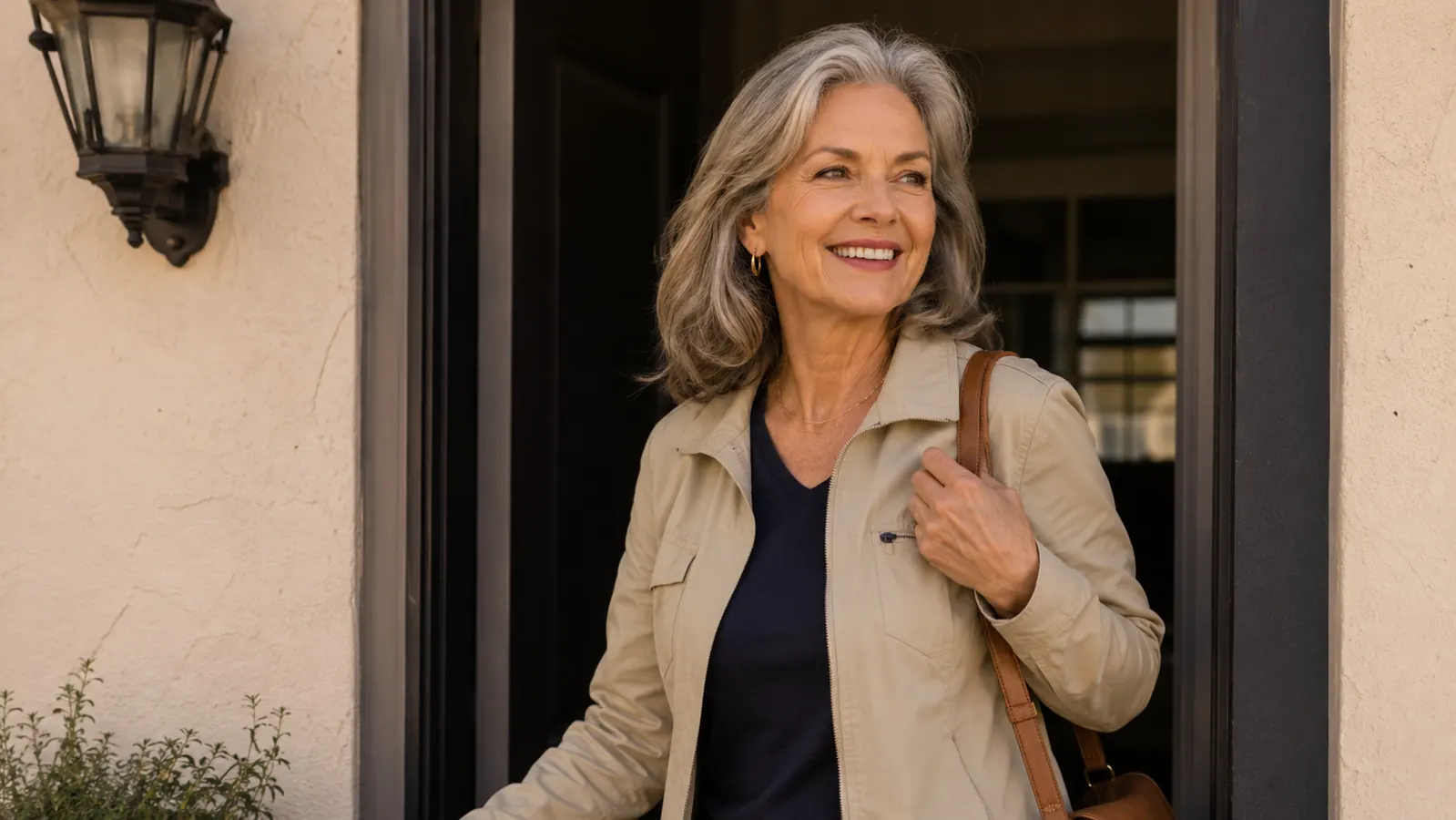 A woman in her fifties or sixties smiling and heading out her front door in daylight, skin looking calm and hydrated rather than airbrushed
