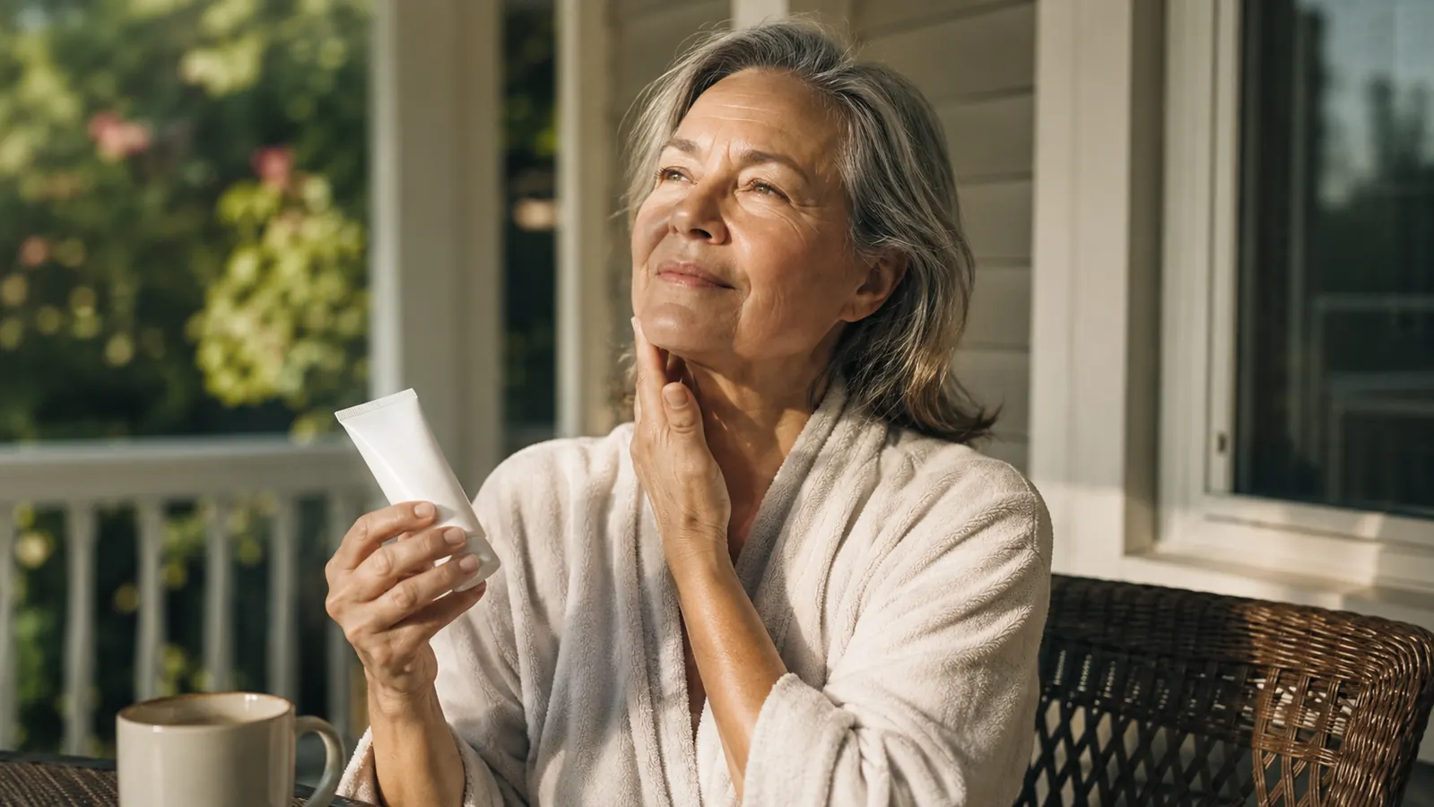 Woman in her sixties applying sunscreen on a sunlit porch in the morning, over a robe, coffee mug nearby