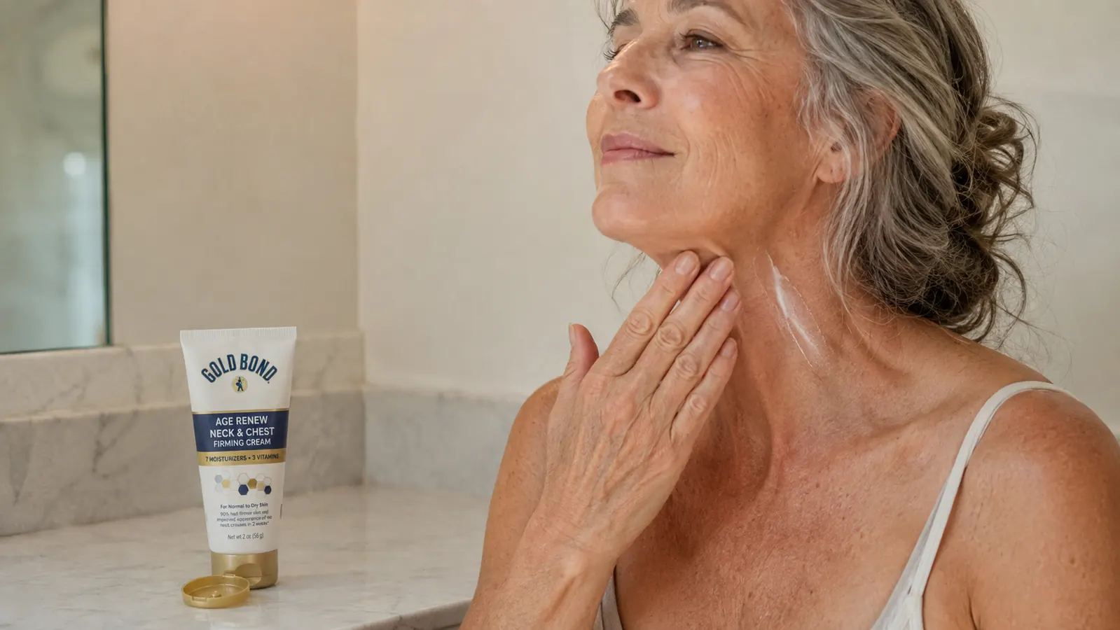 Close-up of a woman's hand applying Gold Bond Age Renew Neck and Chest Firming Cream in an upward stroke from the collarbone toward the jaw