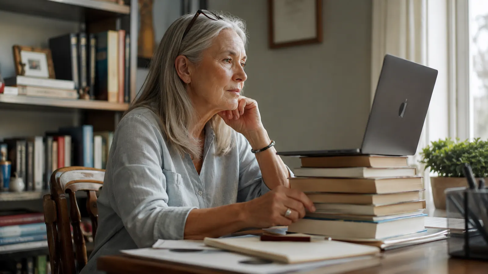 A woman in her sixties sits at a desk adjusting her laptop screen up to eye level instead of looking down at it