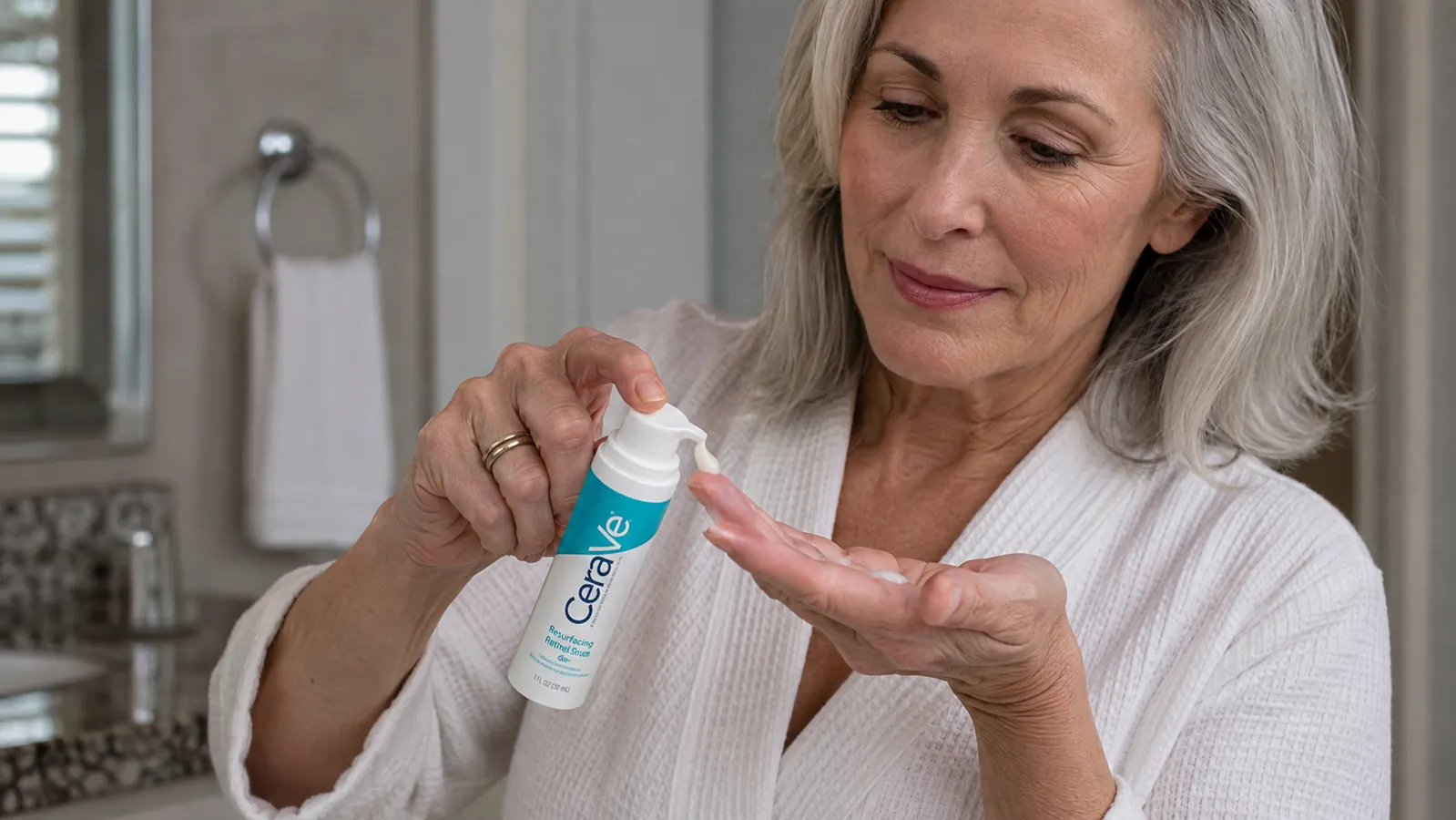 Close-up of a hand dispensing CeraVe Resurfacing Retinol Serum onto a fingertip before a buffered application