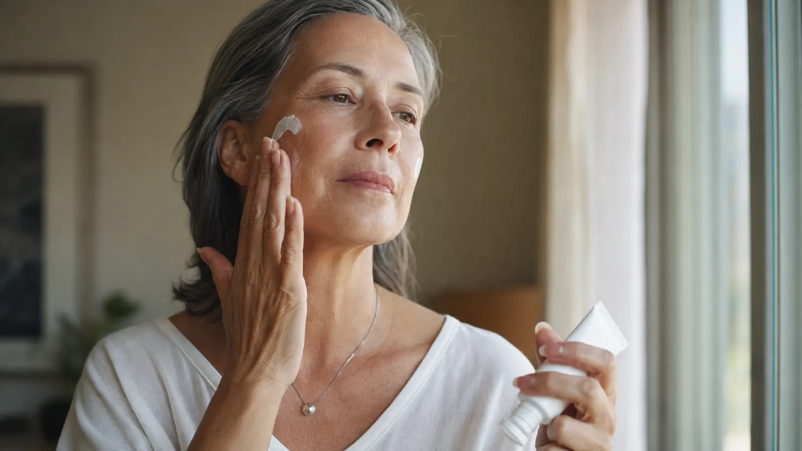 Woman in her sixties applying sunscreen as the final step of her morning routine