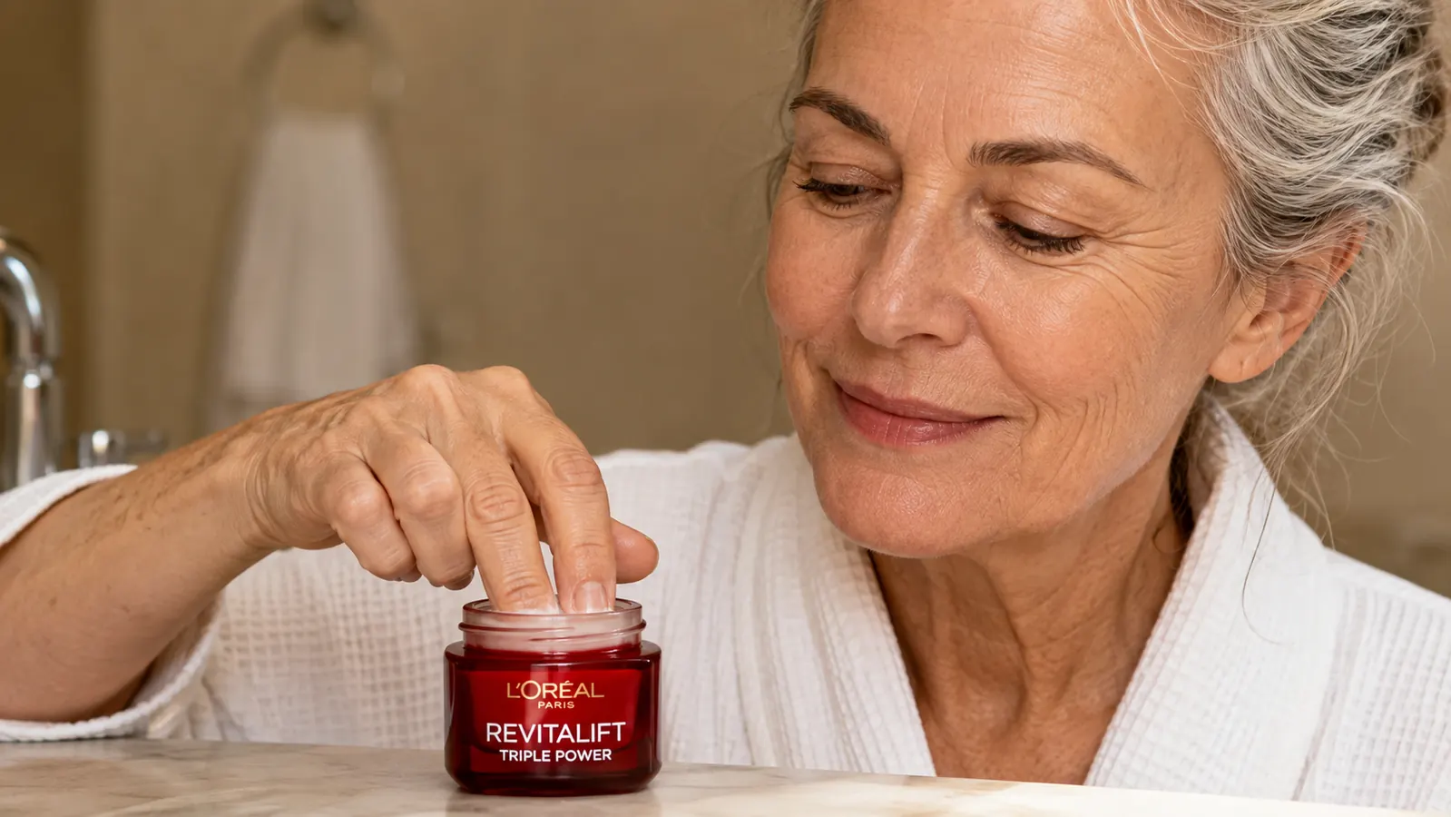 Close-up of a hand with mature skin applying cream from a jar labeled L'Oreal Paris Revitalift Triple Power