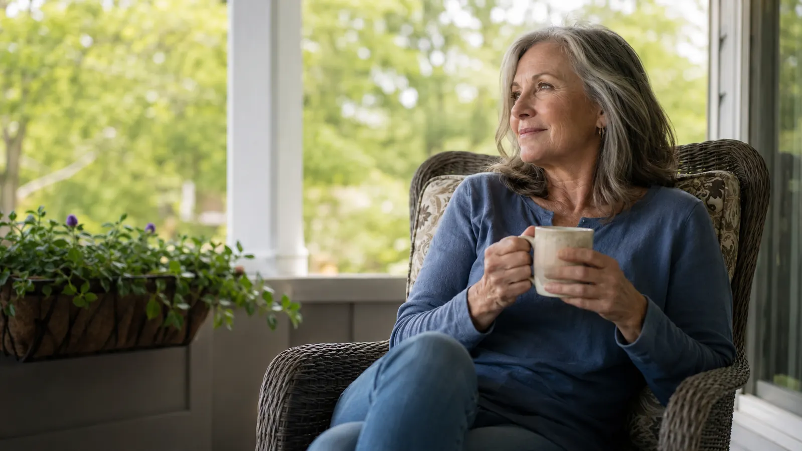 Woman in her sixties relaxing on a porch with a cup of coffee after finishing her morning routine