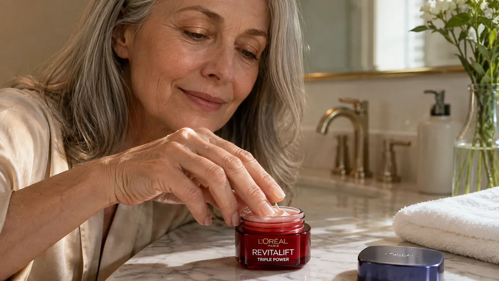 Hand dipping into an open jar of L'Oreal Paris Revitalift Triple Power moisturizer