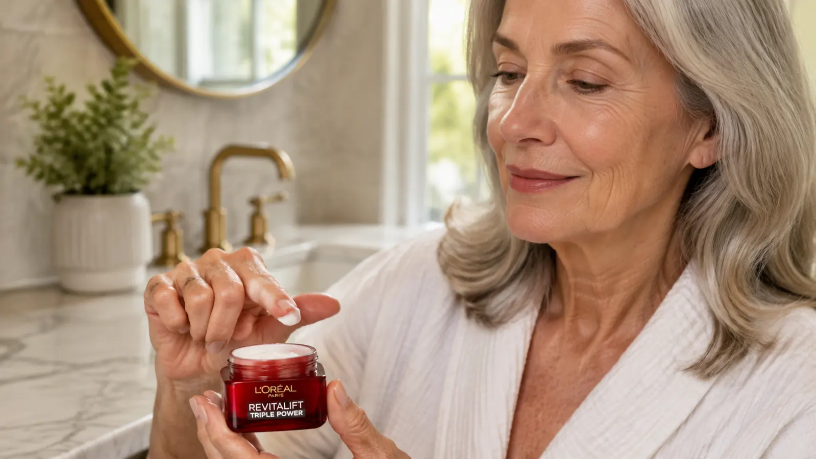 Close-up of a hand with visible age spots and slightly arthritic knuckles pressing the pump on the L'Oreal Revitalift Triple Power jar