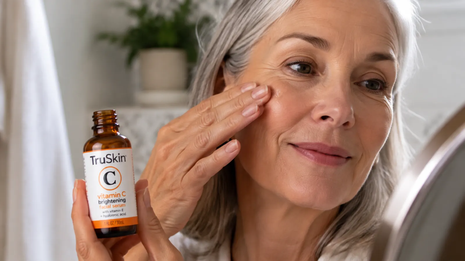 Hand applying TruSkin Brightening Vitamin C Serum from the amber glass dropper bottle onto clean skin