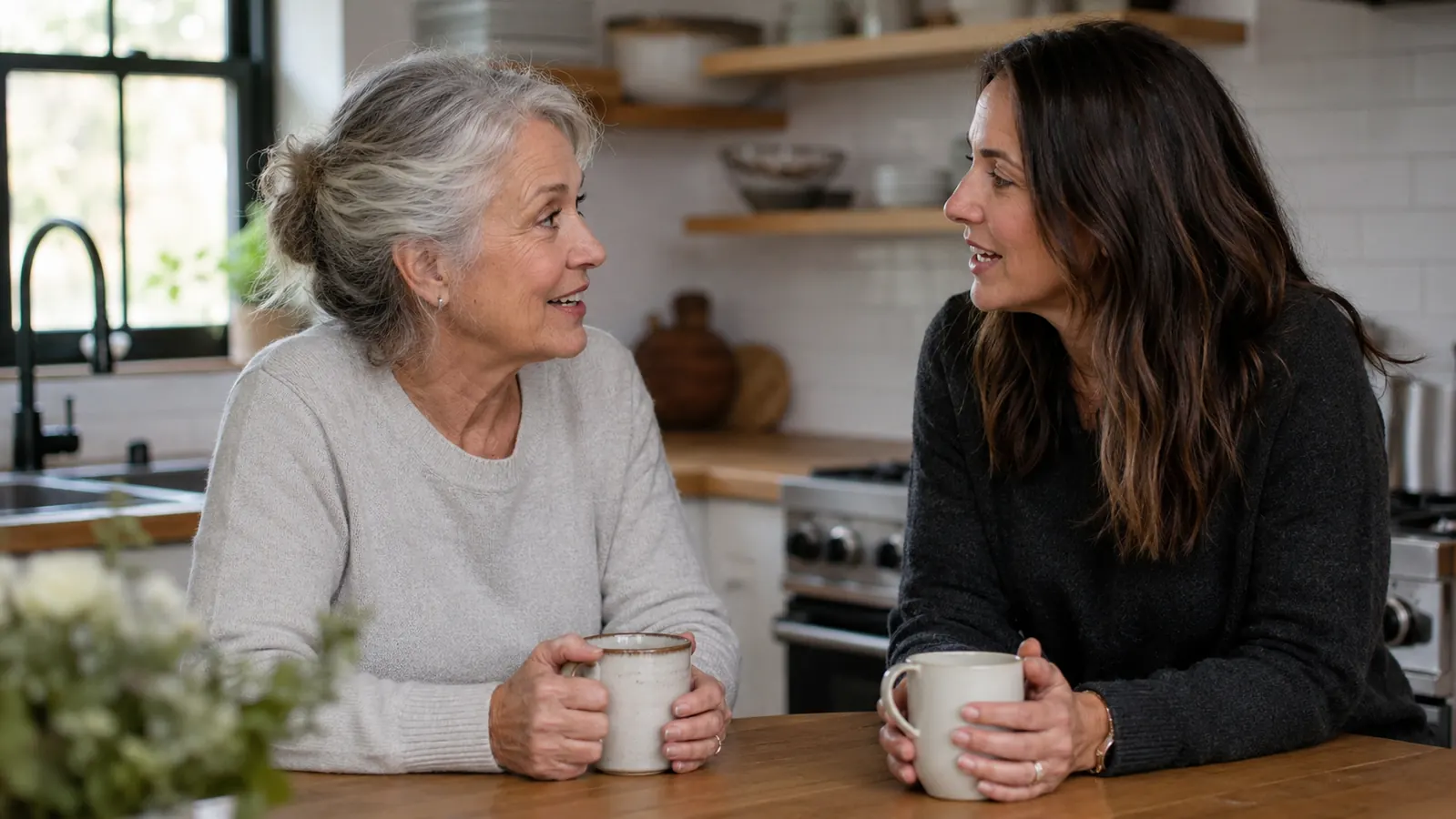 Two women, one in her sixties and one younger, talking in a kitchen over coffee