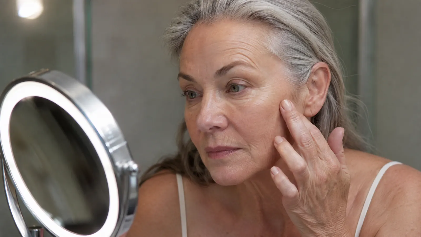 Close-up of a woman in her sixties checking her cheekbone in a lit makeup mirror