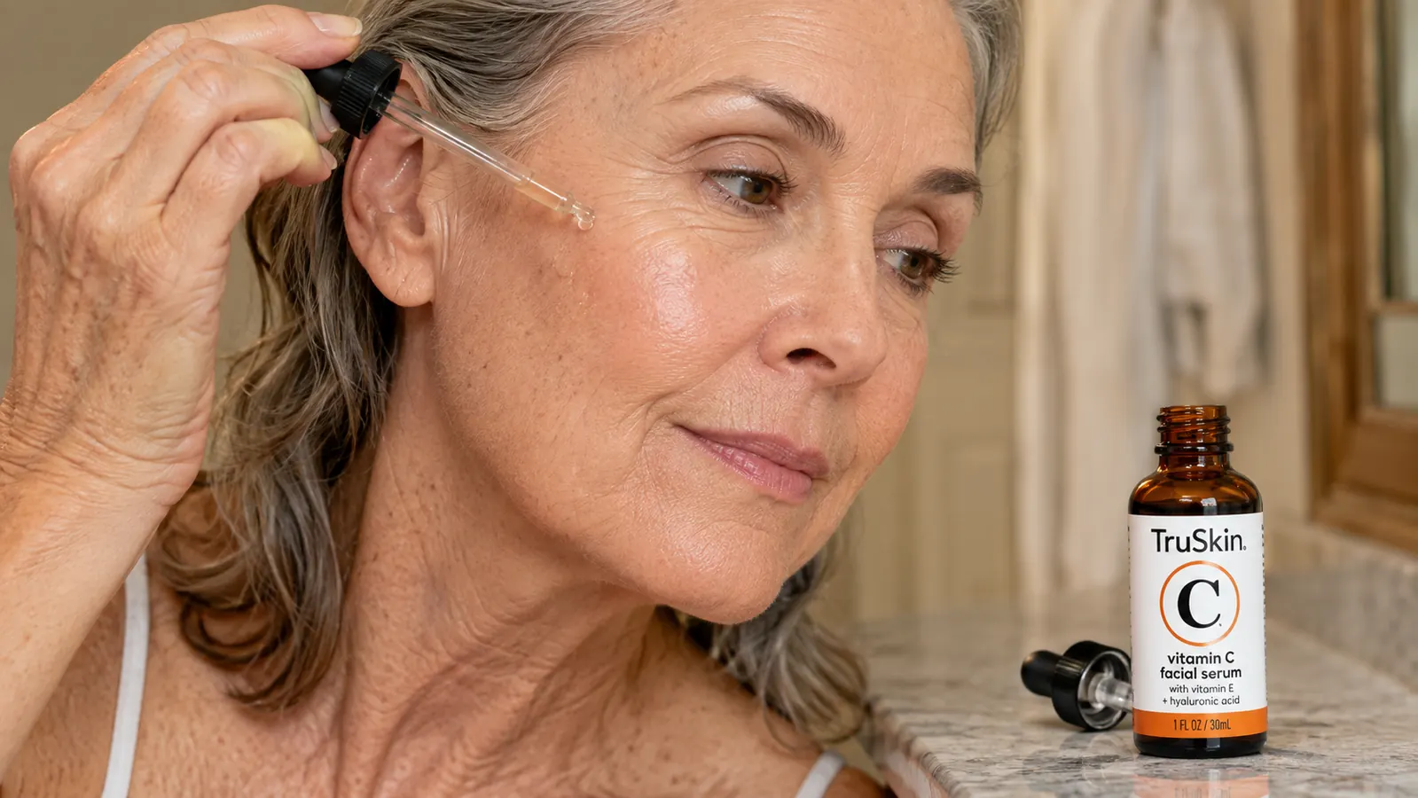 Close-up of a hand with visible age spots applying serum from a dropper onto a cheek, TruSkin bottle visible on the counter