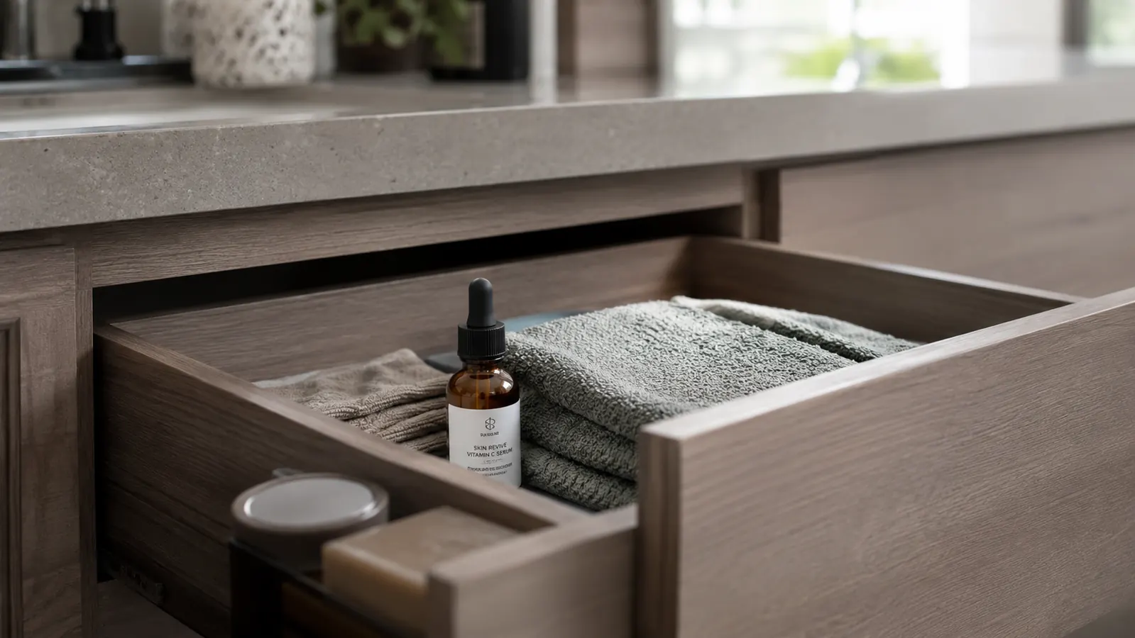 A small dark bathroom drawer with a serum bottle tucked inside away from the window, folded washcloths beside it