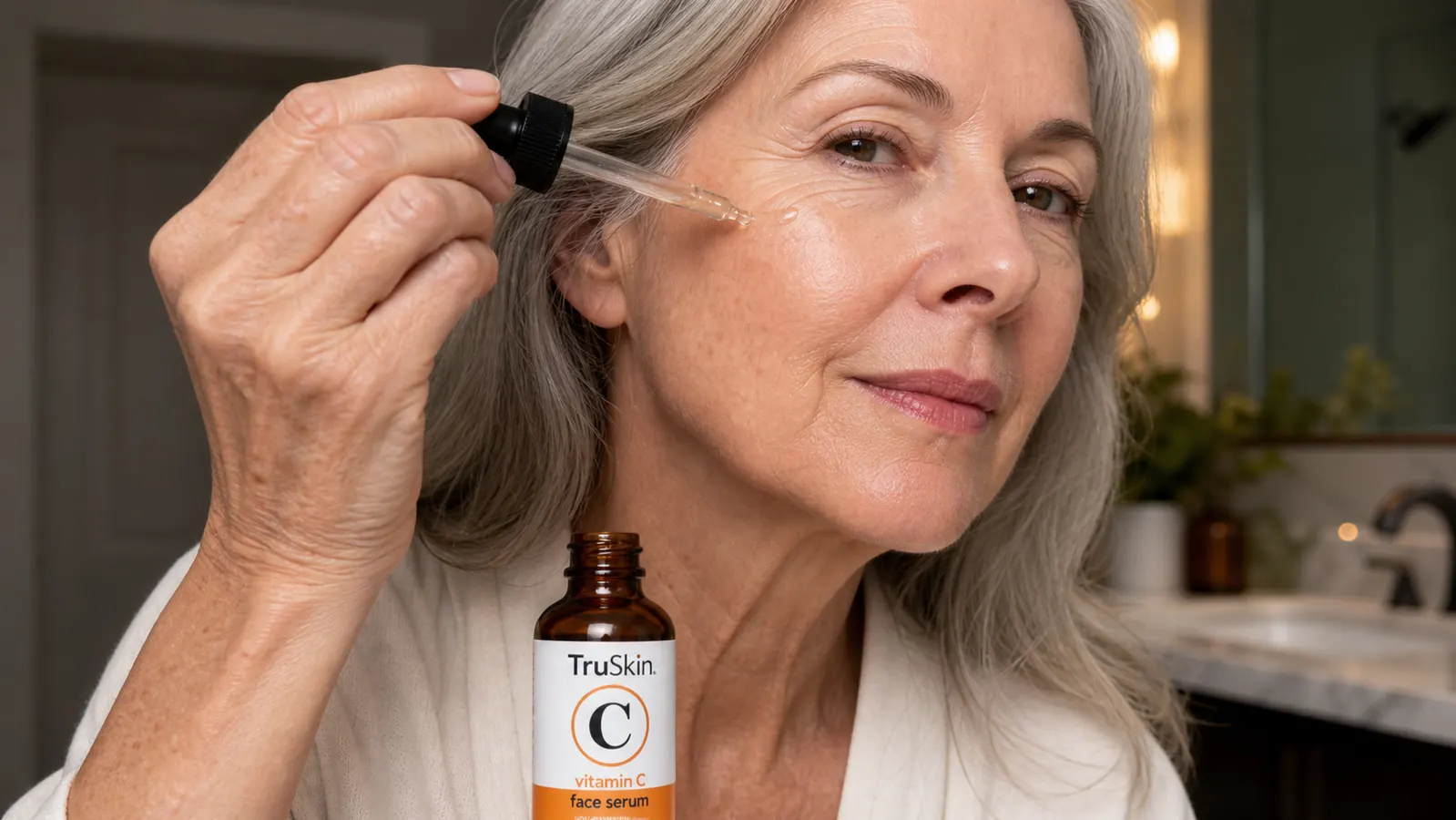 A hand with visible age spots using a glass dropper to apply vitamin C serum to a cheek, TruSkin bottle in frame