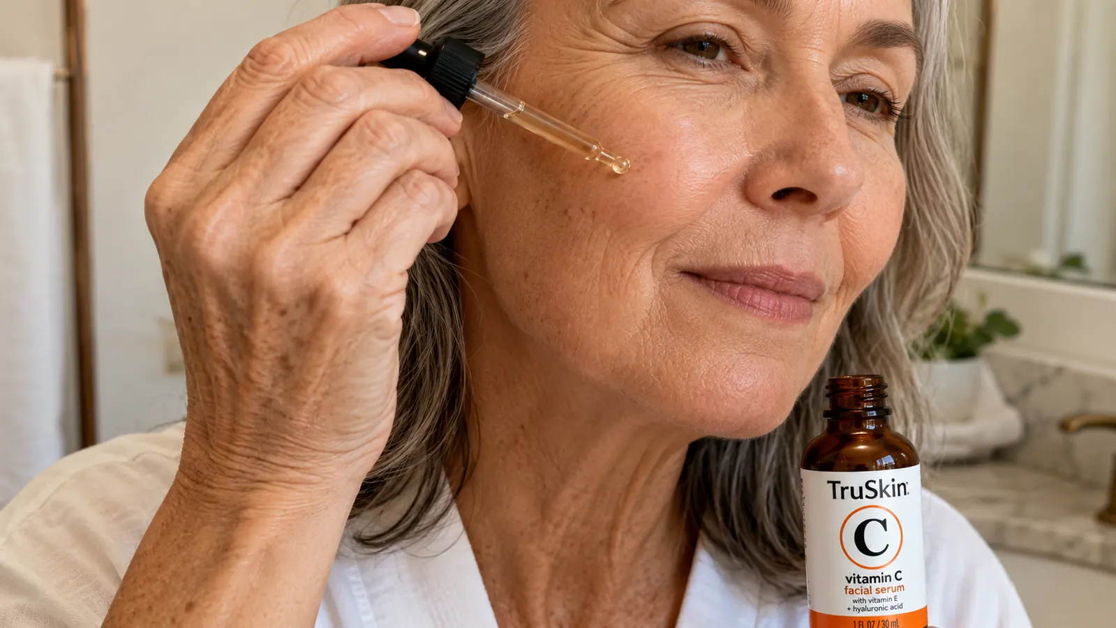 A hand with visible age spots using a glass dropper to apply TruSkin vitamin C serum to a cheek