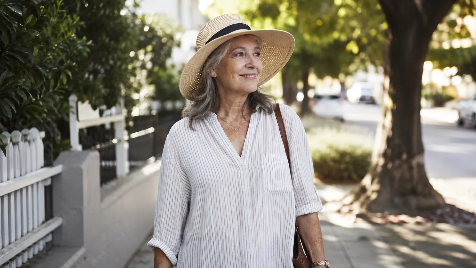 A woman in her sixties on a morning walk wearing a wide-brimmed sun hat