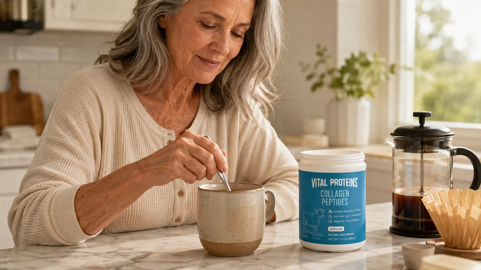 Hands stirring a scoop of Vital Proteins Collagen Peptides powder into a mug of coffee on a kitchen counter