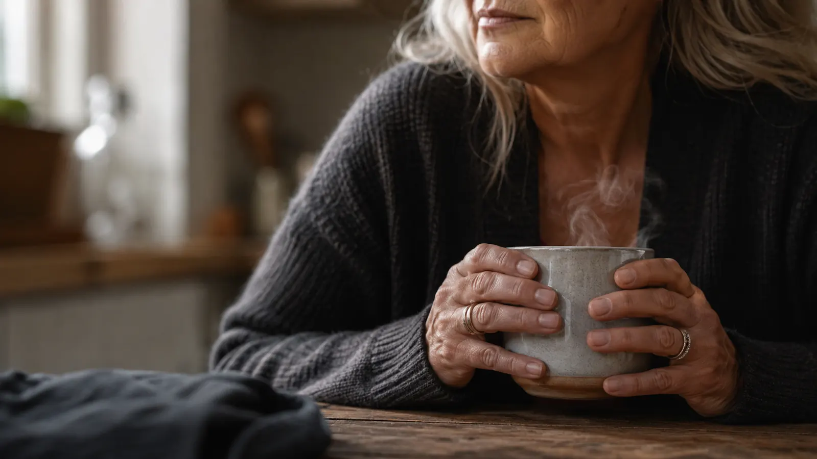 Close-up of a woman's hands wrapped around a warm coffee mug at a kitchen table