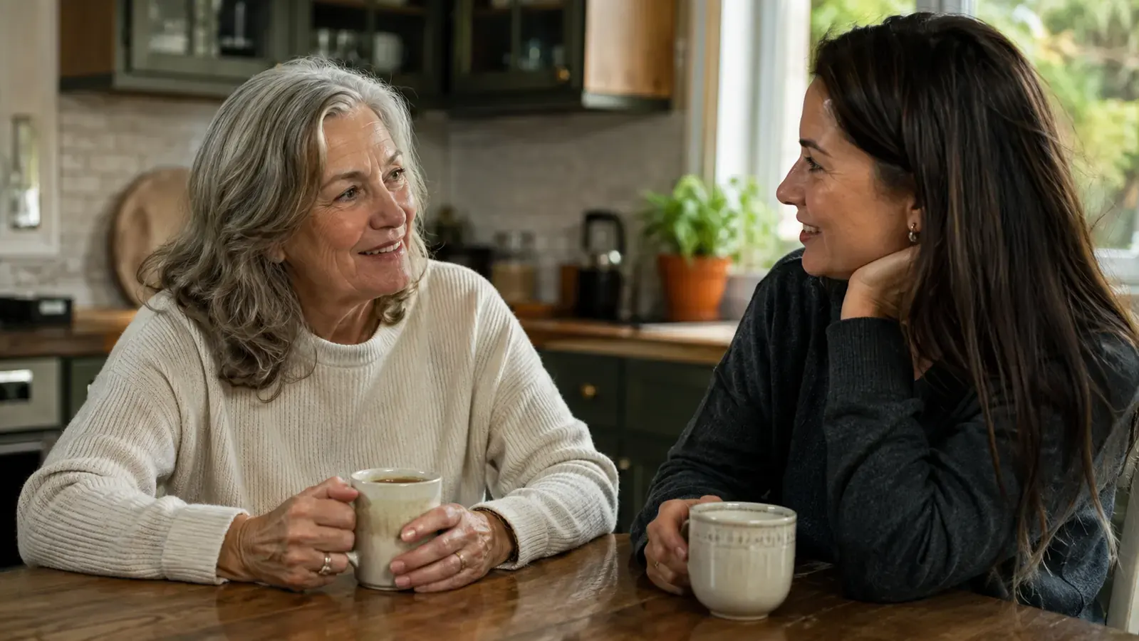 A mother and adult daughter sharing coffee at a kitchen table, both smiling