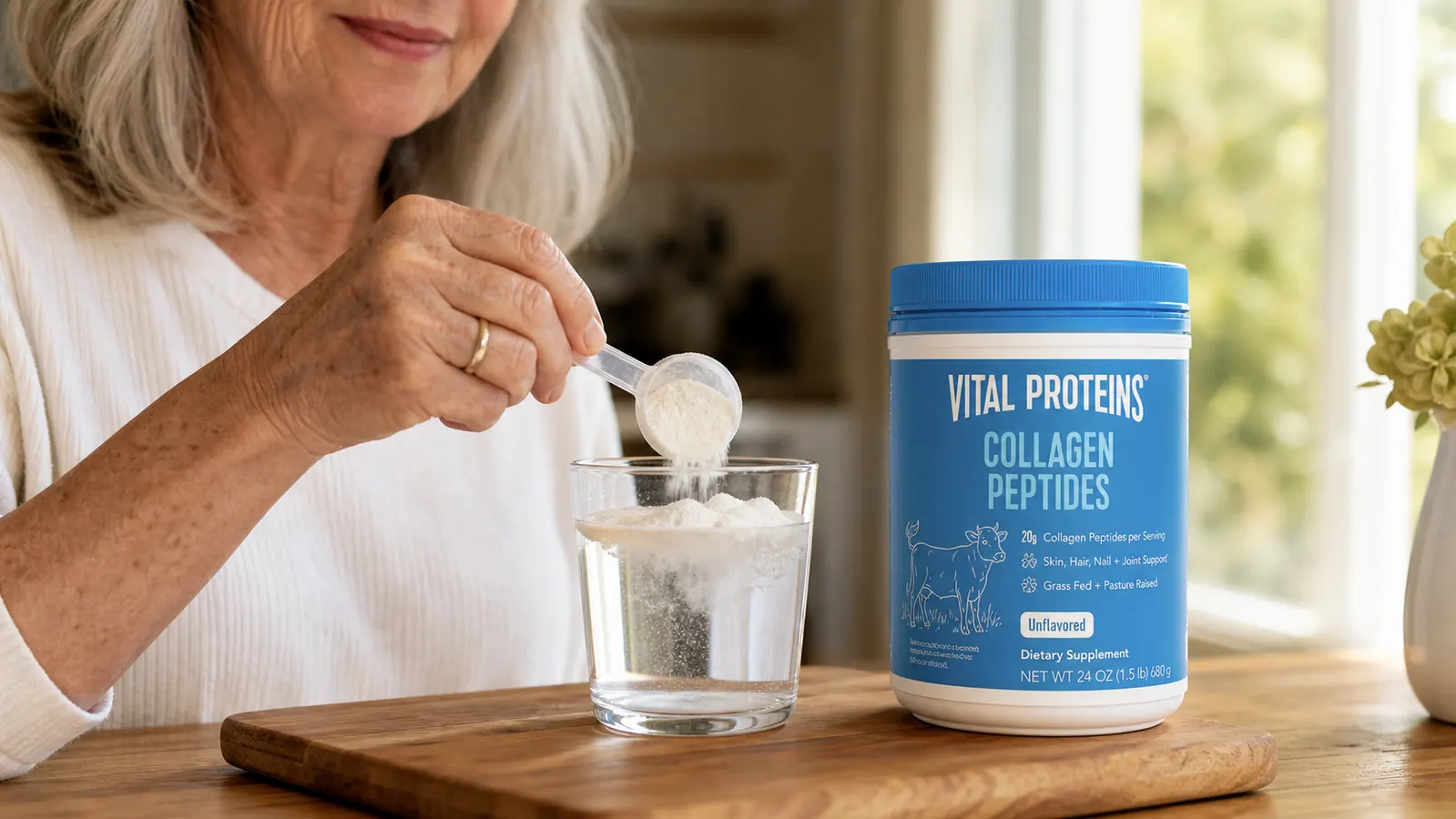 Close-up of unflavored collagen powder being spooned into a glass of water next to the Vital Proteins canister