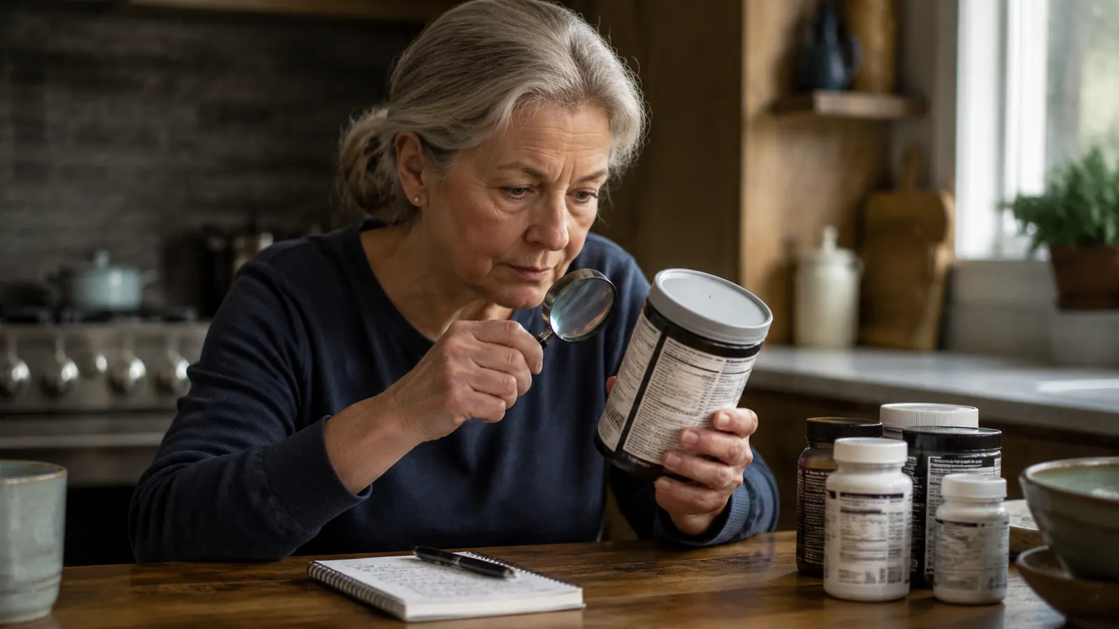 Woman in her sixties reading a supplement label at a kitchen table with a magnifying glass